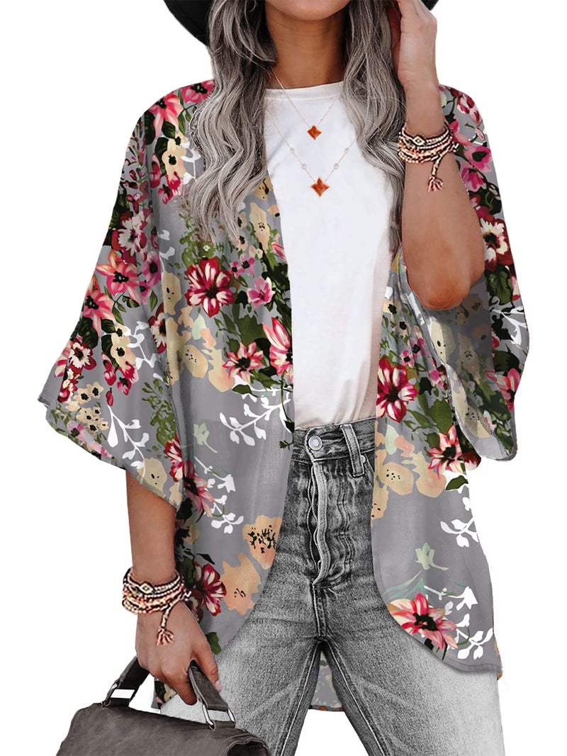 BB&KK Women's Summer Tops Plus Size 2023 Cute Business Casual Outfits Dressy Kimono Cardigans Chiffon Floral Small Deep Gray - Image 1